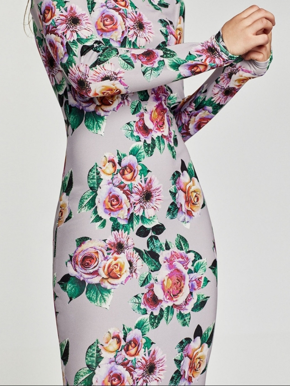 Zara Lilac Floral Midi Dress Figure Bodycon Size Med